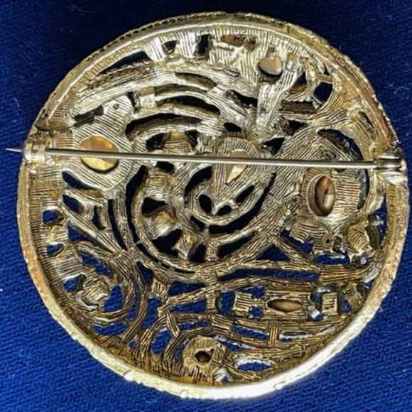 Vintage AMBER AND TOPAZ RHINESTONE BROOCH Gold Tone Braided Pot Metal Pre 1950's - Picture 3 of 12